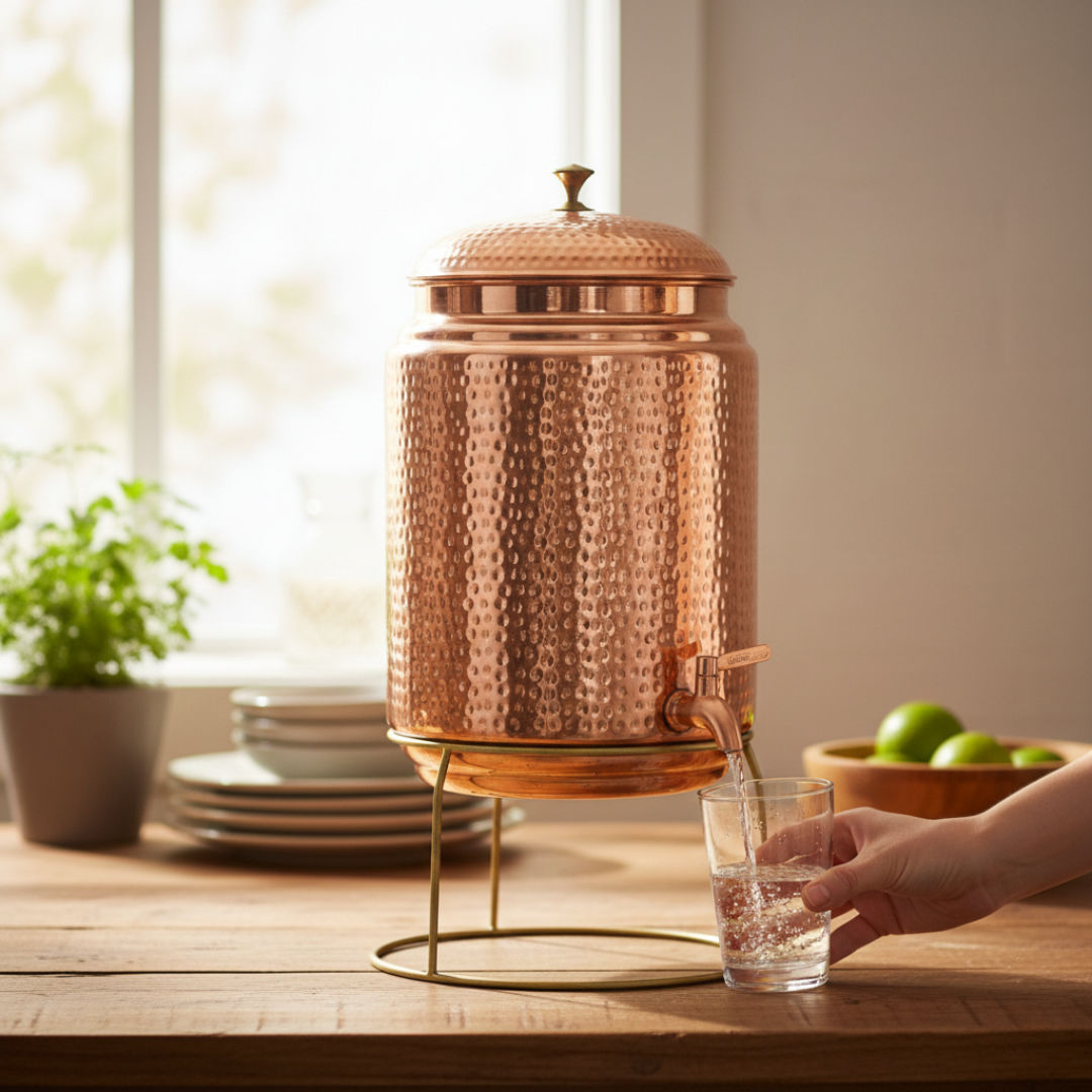 Pure Copper Hammered Design Water Pot With Stand